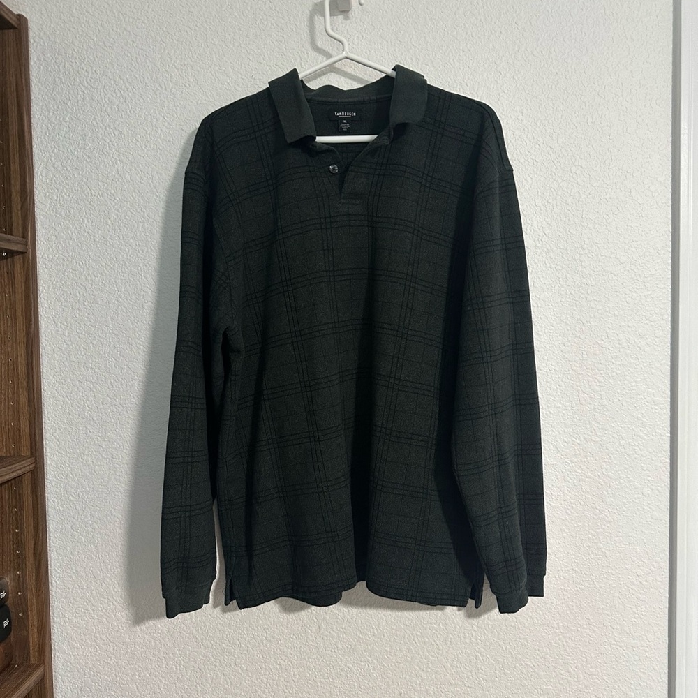 Men’s‎ Long Sleeve Polo Shirt XL Dark Green Plaid Rugby Retro Preppy
